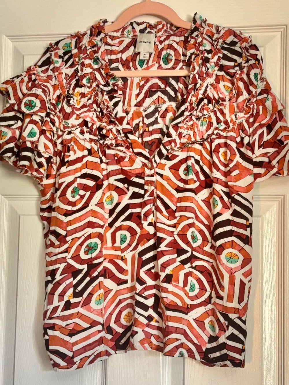 Anthropologie Maeve Blouse Short Sleeve Geometric Size Medium